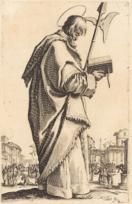The image features a full-body illustration of a person standing in profile, facing right. The person has a halo around their head, long wavy hair covering the forehead and part of the face, a serious expression, a long nose, and a prominent brow. They wear flowing robes with intricate patterns, hold a book in their right hand, and a staff in their left. The background shows architectural structures, arches, and several smaller figures engaged in different activities, creating a busy city scene. The drawing style is detailed with emphasized texture and depth.