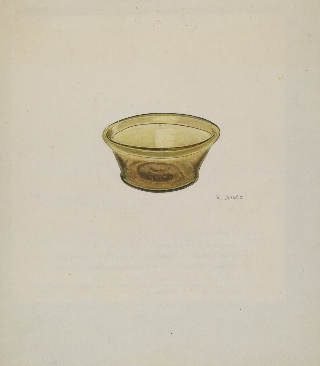The image shows a glass bowl as the largest object in the center of the page. The color palette consists of earthy brown and yellow hues. The artist's signature "V. LIVANCE" is placed slightly below and to the right of the bowl.