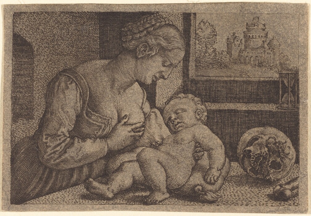 The image features a woman seated holding a small child in her arms. She has a detailed profile, with an expression of focus directed at the child. The woman has an intricate braided updo and wears a dress with long sleeves. The child is naked and appears comfortable in her embrace. Next to them are an hourglass and a human skull. Through a window in the background, a castle and trees are visible, adding depth to the scene.