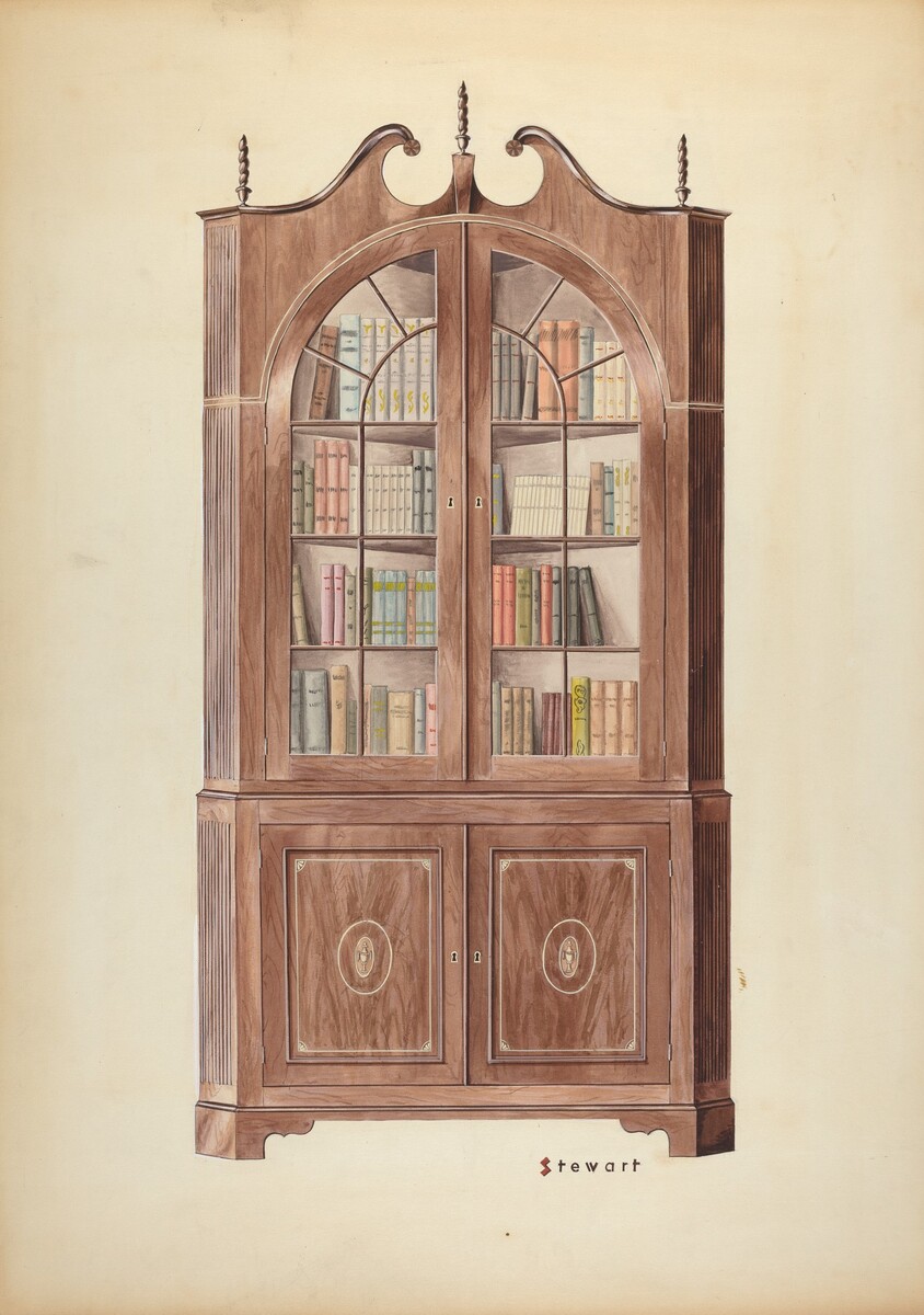 The image displays a large wooden cabinet with glass doors and a decorative arch at the top, standing on four small feet. Inside the cabinet are shelves filled with books of different colors. The color scheme consists of various shades of brown from the wood and assorted colors on the book covers like red, green, and orange. The cabinet is in the central position, showing the arrangement of books through the glass doors. A small signature, "Stewart," is located at the bottom of the cabinet.