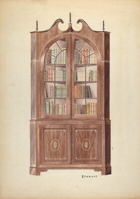 The image displays a large wooden cabinet with glass doors and a decorative arch at the top, standing on four small feet. Inside the cabinet are shelves filled with books of different colors. The color scheme consists of various shades of brown from the wood and assorted colors on the book covers like red, green, and orange. The cabinet is in the central position, showing the arrangement of books through the glass doors. A small signature, "Stewart," is located at the bottom of the cabinet.