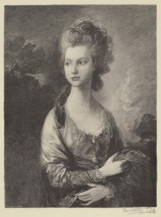 The image shows a woman from the waist up. She is positioned with her torso slightly turned to the right and her head turned to the left, looking into the distance. She has delicate facial features, a slight smile, and a softly curved jawline. Her hair is styled high with intricate twists and a decorative hairpiece. She wears an elegant gown with a low neckline, intricate detailing, a brooch at the chest, and lace cuffs. Her arms are crossed in front of her, holding a piece of fabric or a shawl. The background has dark and light tones with indistinct foliage and cloud-like forms.