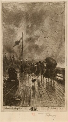 The image shows a busy dock in the rain, with people arriving under umbrellas. Ships and flagpoles are visible in the horizon against a cloudy sky. The painting is detailed with rain-soaked planks and a crowd of people, giving a sense of movement. The color palette is monochromatic with varying shades of sepia and dark brown. Lamp posts in the distance softly glow.