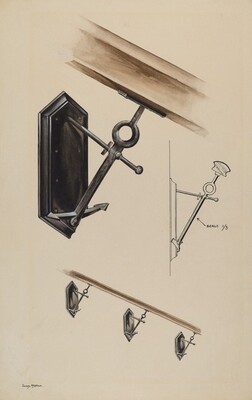 This is a drawing of a decorative wall bracket. The image depicts a metal wall-mounted bracket with multiple views and angles. The side profile view showcases the design elements like a looped top and circular attachment point mounted on a wooden wall. Additional sketches show a top view displaying the structural framework, a simplified side view with a scale note, and various other angles highlighting the structure and elegance of the bracket. The artwork seems to serve as a technical drawing or design plan.