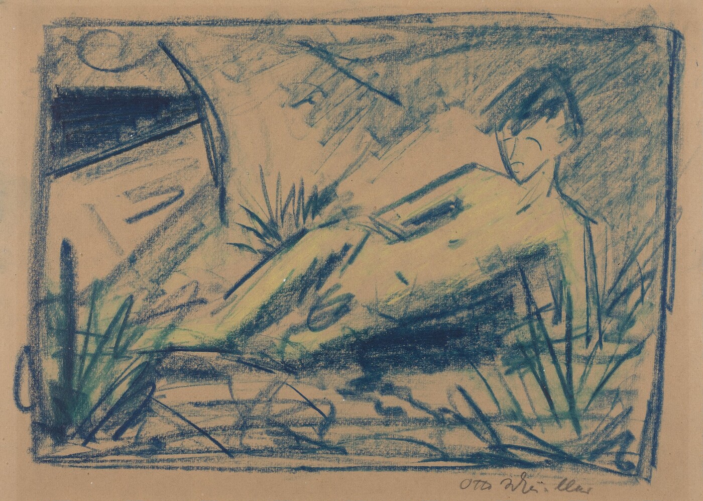The image is a sketch of a reclining figure depicted from head to toe, lying on their side with their upper body propped up slightly. The facial features are minimally detailed, with closed eyes, a small triangular nose, and a faintly smiling mouth. The figure's hair is short and dark, depicted with simple strokes. The torso is exposed and sketched with minimal lines. The background includes abstract elements representing an outdoor setting with rough, expressive lines symbolizing plants and vegetation. The image is drawn with blue and green tones on beige paper and signed at the bottom right corner by the artist, Otto Mueller.
