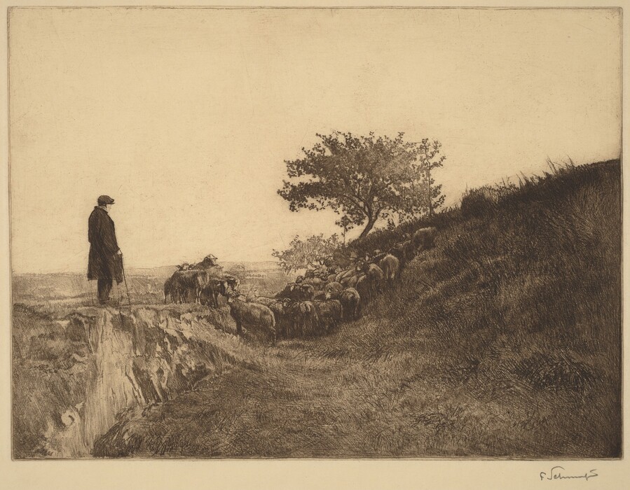 The image features an elevated perspective overlooking a countryside scene with a shepherd and a flock of sheep. The horizon line is suggested by a light gradient, separating the sky from the landscape. The scene is depicted in a sketch-like style with detailed lines creating textures in the grass and foliage. The color palette consists of shades of brown and sepia, giving the image a vintage quality. Closest to us are patches of earth and grass, leading to the shepherd and his flock on a rise. The landscape recedes into the distance where a lone tree stands against the pale sky.