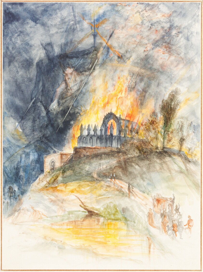 An Ecclesiastic Building in Flames with Demons Above