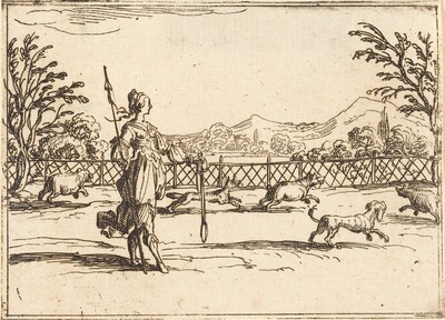 The image shows a figure with a staff and a textile, surrounded by playful dogs. In the background, there are hills, mountains, and trees. The style is linear and delicate, with fine lines detailing the figures and natural elements. The color palette is monochrome, using sepia-like tones on a light background.