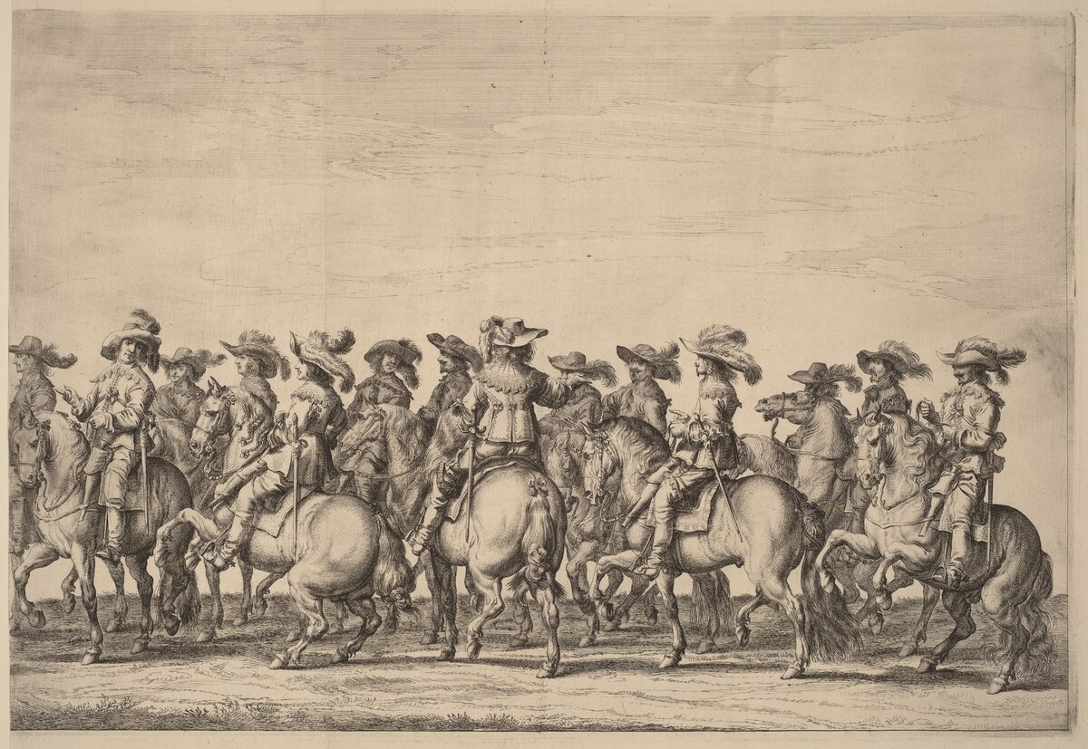 This is a drawing of a group of horse riders in elaborate attire. The riders are mounted on horses and are dressed in detailed embellishments. The horses are depicted with precision, appearing to be trotting or standing elegantly. The background is minimal, allowing the focus to remain on the intricate portrayal of the horses and riders. Lines and shading emphasize the movement and posture of both riders and horses.