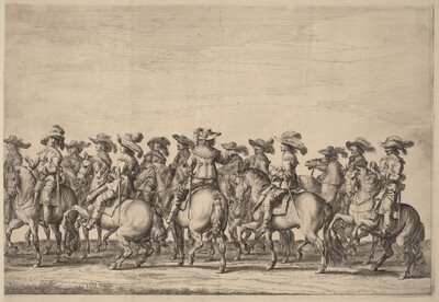 This is a drawing of a group of horse riders in elaborate attire. The riders are mounted on horses and are dressed in detailed embellishments. The horses are depicted with precision, appearing to be trotting or standing elegantly. The background is minimal, allowing the focus to remain on the intricate portrayal of the horses and riders. Lines and shading emphasize the movement and posture of both riders and horses.