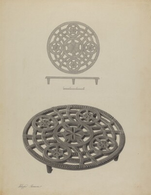This is a drawing of a circular mechanical component. The image shows two views of a cast iron mechanical or decorative object with a round, intricate design composed of various circular patterns that interlock and overlap to create a dense, geometric motif. The design has a three-dimensional quality, showcasing depth and shadow. The upper part of the image provides a side view to demonstrate the object's structure and height, supported by three small legs. The material and design suggest it was intended for both functional and decorative purposes, likely having an industrial or domestic application.
