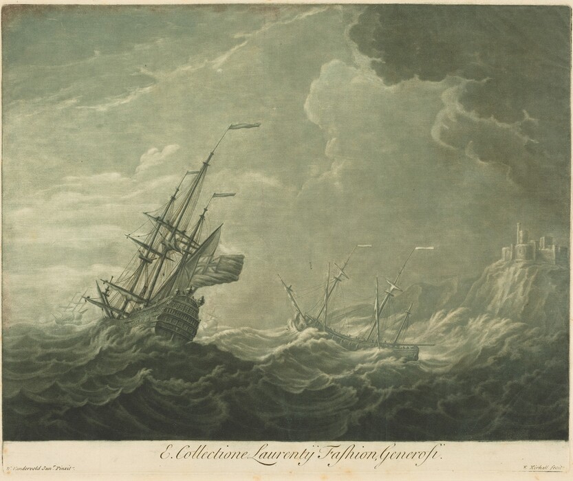 The image portrays a seascape with two ships. The sea appears tumultuous, with the viewpoint suggesting a slightly elevated position above the waves. The horizon is obscured, blending sea and sky. A castle-like structure is visible in the distance on a rugged cliff. The brushstrokes are detailed, depicting billowing sails and swirling waves. The color palette is predominantly greenish blues and grays, emphasizing the stormy weather.