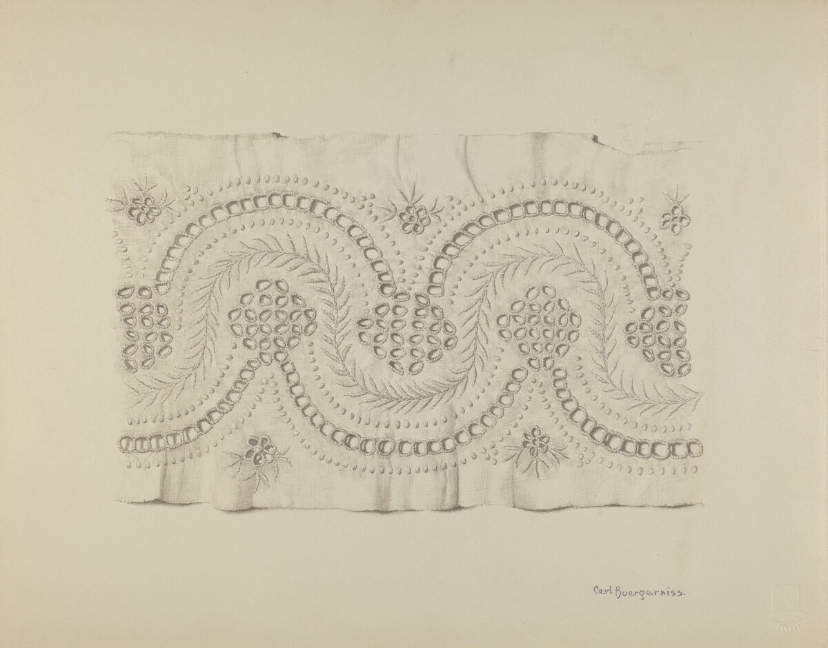 The image displays a piece of fabric with an intricate embroidery pattern featuring rounded designs and floral motifs. The color palette is primarily composed of subtle greys and whites, giving the appearance of a pencil drawing. This embroidered piece is positioned centrally on a blank background, with smaller floral details at the edges of the design. The style is symmetrical and repetitive, with duplicate patterns aligned horizontally across the fabric.