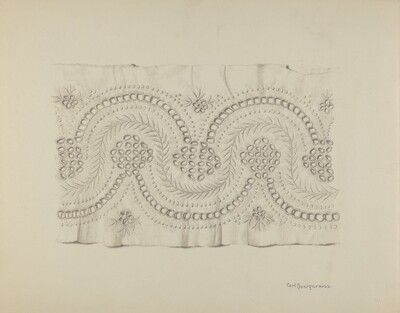 The image displays a piece of fabric with an intricate embroidery pattern featuring rounded designs and floral motifs. The color palette is primarily composed of subtle greys and whites, giving the appearance of a pencil drawing. This embroidered piece is positioned centrally on a blank background, with smaller floral details at the edges of the design. The style is symmetrical and repetitive, with duplicate patterns aligned horizontally across the fabric.