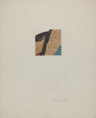 The image features a small square containing abstract shapes and lines. The shapes include curved forms resembling scales or textured surfaces, with black lines outlining a path or contour. The pattern has an abstract quality akin to a patchwork quilt or mosaic, featuring earthy tones and a touch of bright blue. The textures and colors evoke the appearance of layered fabric or a natural geological formation.