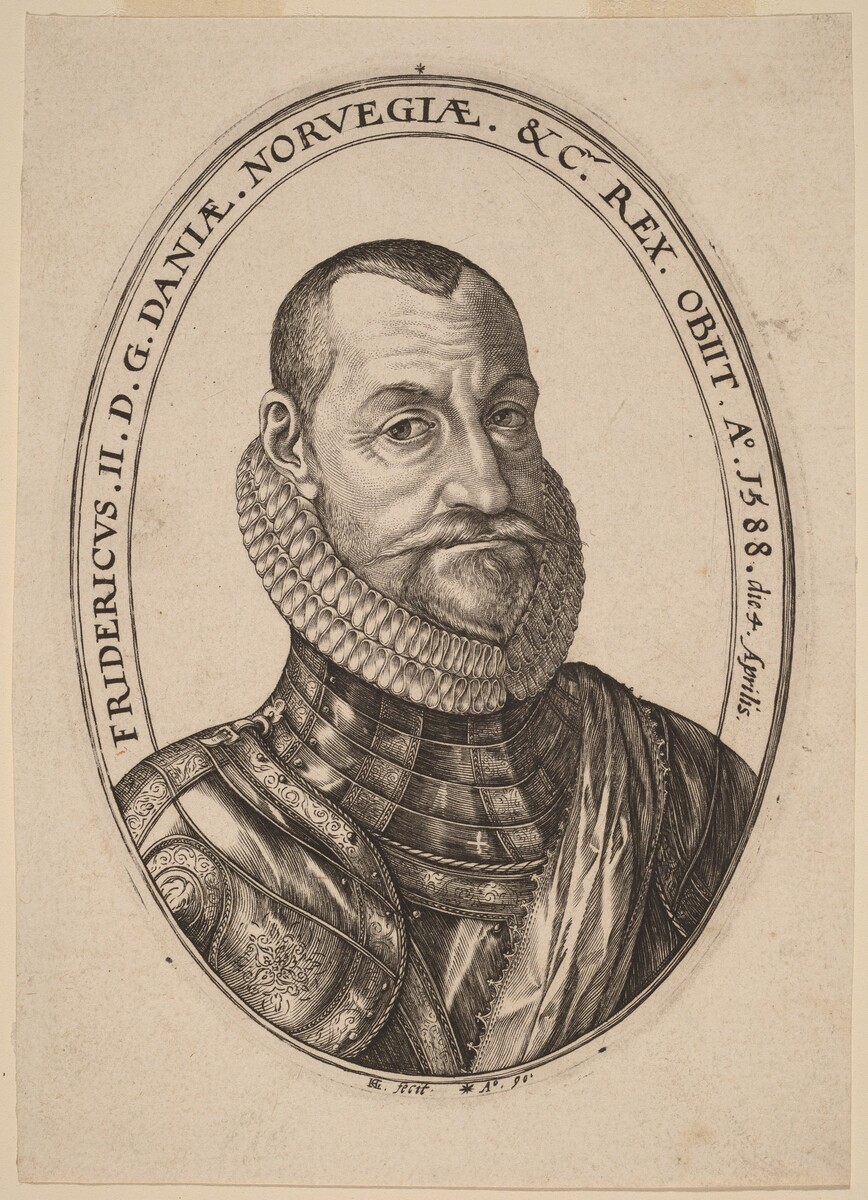 The image shows an etching of a man from the waist up. He is facing slightly to his left and has distinct facial features: high forehead, arched eyebrows, prominent cheekbones, beard, mustache, and short, combed-back hair. He is wearing ornate armor with intricate designs, along with an elaborate ruff around his neck. The background includes text "FRIDERICVS II. D. G. DANIE. NORVEGIAE. & C. REX. OBIIT. A. 1588" encircling an oval border framing the image.