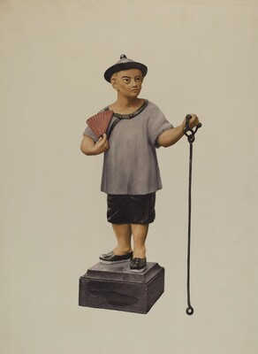 The sculpture depicts a figure resembling a young boy dressed in traditional clothing. He is holding a red fan in one hand and a long black stick or rod in the other. The figure is wearing a grey short-sleeved tunic, black shorts, and black shoes. A small round hat sits atop his head, complementing his attire. The sculpture is primarily composed of painted material with colors such as grey, black, red, and flesh tones. The sculpture stands on a rectangular base, elevating the figure slightly above the viewer's eye level, yet the size of the sculpture suggests it would be roughly the height of an average human child when considered in relation to the base.