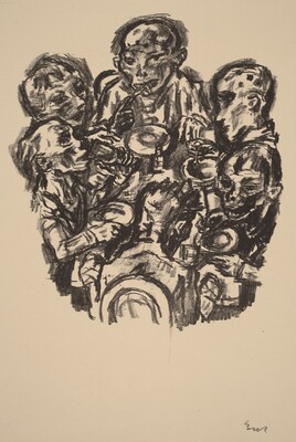 The image is a charcoal drawing depicting the upper bodies of five individuals closely gathered together. They are positioned to form a compact group, possibly interacting. Each person has distinct facial features portrayed with expressive, bold strokes. The individuals have diverse hair and facial structures in an intense, somewhat abstract style. Their clothing details are difficult to discern, but they seem to be wearing long-sleeved garments. Some individuals are holding bowls and utensils, suggesting a possible food or dining scenario. No discernible jewelry is present, as the focus is on their interactions with the objects. The background is plain, highlighting the figures and their central activity.