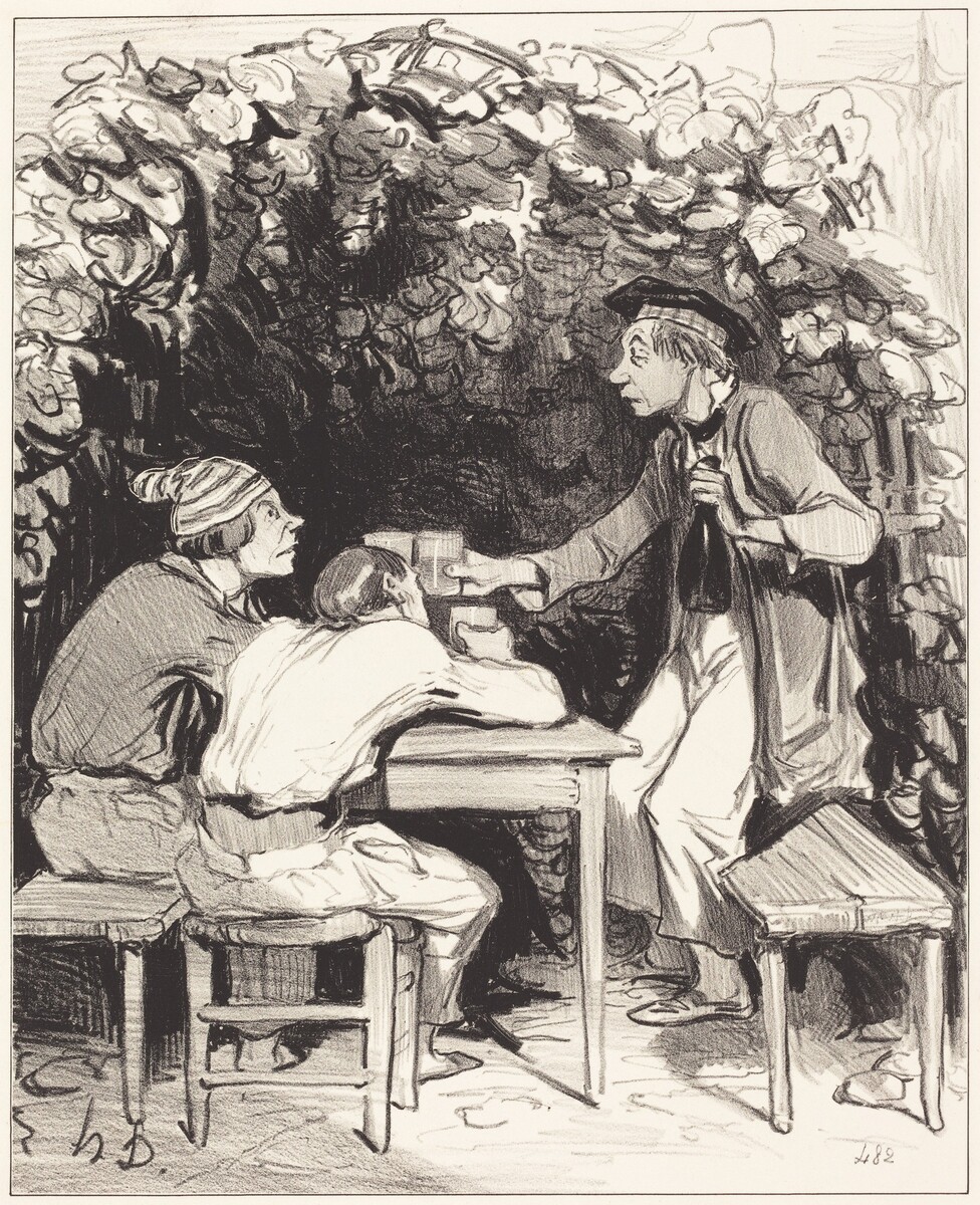 This is a drawing of three individuals gathered around a table under a leafy canopy. Two individuals are seated at a wooden table, while a third stands beside them. The seated individuals have varied poses, one leaning forward attentively and the other wearing a hat with a striped pattern. The backdrop is dense with foliage creating a textured, intricate contrast to the white space around them. The style is sketch-like with emphasis on shading and line work, displaying the figures and greenery.