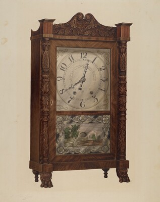 The image features a wooden antique clock with ornate carved columns and a decorative crest on top. The clock's face includes roman numerals and two hands, with a scenic landscape panel below. The color palette consists of rich browns and earthy tones in the wood, and lighter shades in the clock face and painting. The clock is positioned centrally in the frame, with intricate carvings on each side.