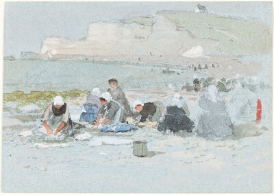 This is a painting of a group gathering near a rocky shoreline under a clear sky. In the foreground, several figures are depicted as sitting or kneeling on the pale sandy shore, engaging in a communal activity. The figures wear simple attire with muted colors, contrasting against a bright red accent seen on one of the individuals. In the background, a tall cliff overlooks the sea. The painting's treatment suggests a tranquil scene by the ocean.