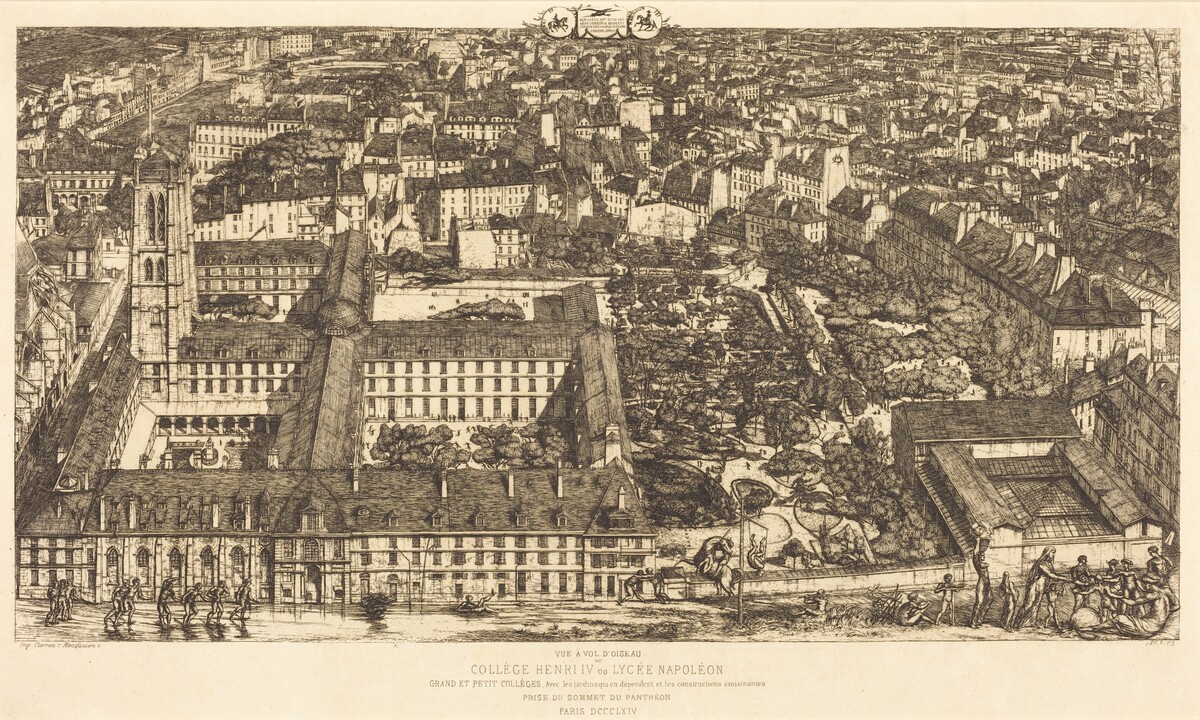 The image shows a bird's-eye view of a crowded cityscape with the Collège Henri IV or Lycée Napoléon. The horizon is set high in the frame, behind the assortment of buildings. The skyline is barely visible due to the closely packed structures. The style features intricate etching techniques with finely crafted lines depicting buildings and vegetation. The color scheme is monochromatic, using varying shades of brown. Figures and architectural details are seen in the foreground, with roofs, buildings, and trees extending towards the horizon. More buildings are visible in the background, contributing to the urban landscape's complexity and density.