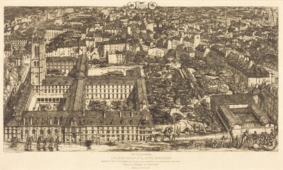 The image shows a bird's-eye view of a crowded cityscape with the Collège Henri IV or Lycée Napoléon. The horizon is set high in the frame, behind the assortment of buildings. The skyline is barely visible due to the closely packed structures. The style features intricate etching techniques with finely crafted lines depicting buildings and vegetation. The color scheme is monochromatic, using varying shades of brown. Figures and architectural details are seen in the foreground, with roofs, buildings, and trees extending towards the horizon. More buildings are visible in the background, contributing to the urban landscape's complexity and density.
