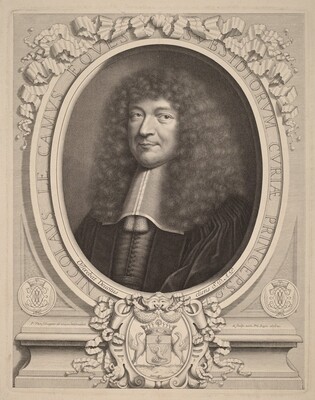 The image shows a man from mid-chest upwards. He is facing forward but slightly turned to his right. The man has a round face with a prominent nose and full lips. He has thick, curly hair extending down to his shoulders. He wears a formal robe with a wide, white collar. Surrounding him is an elaborate oval frame with classical motifs and a coat of arms at the bottom, including two greyhounds and a swan. The background includes decorative engravings and text encircling the figure.