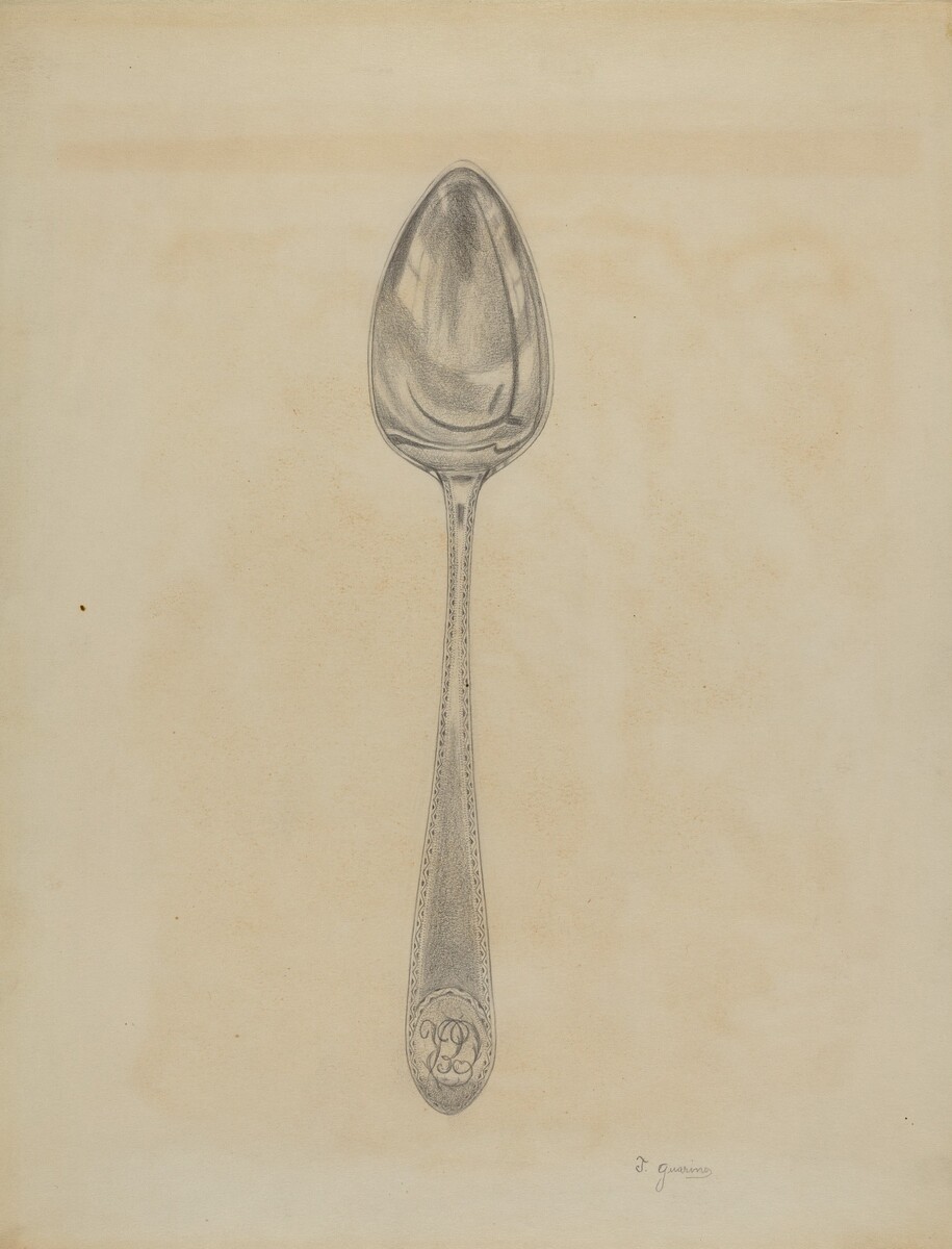 The illustration depicts a single spoon at the center of the composition. The color scheme includes grayscale tones on a light beige background. The spoon is positioned vertically with the bowl at the top and the handle extending downwards. The handle is intricately designed with fine lines, while shading adds depth to the bowl and handle, creating a metallic appearance.