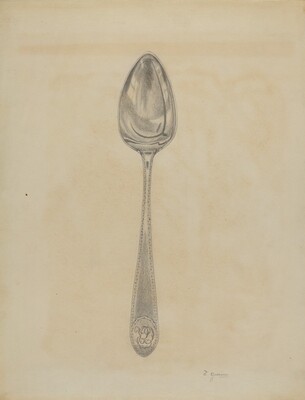 The illustration depicts a single spoon at the center of the composition. The color scheme includes grayscale tones on a light beige background. The spoon is positioned vertically with the bowl at the top and the handle extending downwards. The handle is intricately designed with fine lines, while shading adds depth to the bowl and handle, creating a metallic appearance.