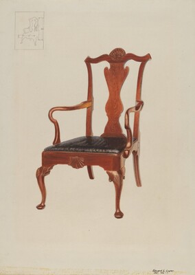 The image shows a large wooden armchair with a black cushioned seat and intricate carvings on the backrest and legs. The chair is centered in the image, with a faint sketch of its design details in the upper left corner. The color scheme includes warm brown wood tones and black for the seat, set against a light background.