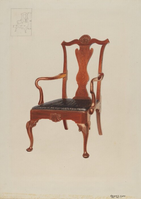 The image shows a large wooden armchair with a black cushioned seat and intricate carvings on the backrest and legs. The chair is centered in the image, with a faint sketch of its design details in the upper left corner. The color scheme includes warm brown wood tones and black for the seat, set against a light background.