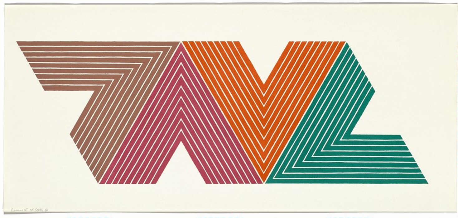 The image exhibits a series of zigzag and angular patterns formed by parallel lines converging into an abstract design. The lines are colored in segments with brown, pink, orange, and green hues. The overall shape resembles a stylized outline of a mountain range or a complex geometric letter 'W' with an added dimension of layered stripes, creating a three-dimensional effect.