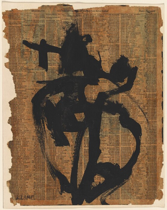 The image displays bold black brushstrokes overlapping a background filled with text. The brushstrokes create dynamic shapes resembling a hammer, contrasting with the structured grid of printed words. The text in the background appears to be from a directory or list, giving a textured pattern to the scene.