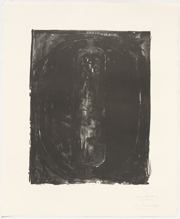The image displays a large, vertical, oval shape bordered by thick black lines. The abstract design has uneven, textured surfaces and is set against a lighter background.