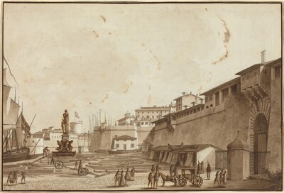 The image features a bustling port scene with a wall and buildings alongside a harbor. The perspective is slightly elevated, showing a horizon about a third of the way from the top. The artwork uses detailed brushstrokes to depict architectural features. The color palette is subdued with shades of brown and sepia. The foreground shows people, carts, and timber stacks, while in the background there are docked ships and various buildings with flags and a statue.