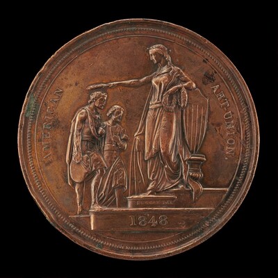 The image shows a round bronze medallion with a relief sculpture. The sculpture features a female figure standing on a platform, extending her hand towards two male figures in front of her. The female figure holds a laurel wreath and a shield. The two male figures stand in front of her, one muscular and draped in a cloth, the other smaller in stature. The medallion is inscribed with "AMERICAN ART-UNION" and "1848." The material is reddish-brown bronze with a metallic sheen and signs of aging. The scene is intricately detailed with the figures and their clothing carved in high relief.