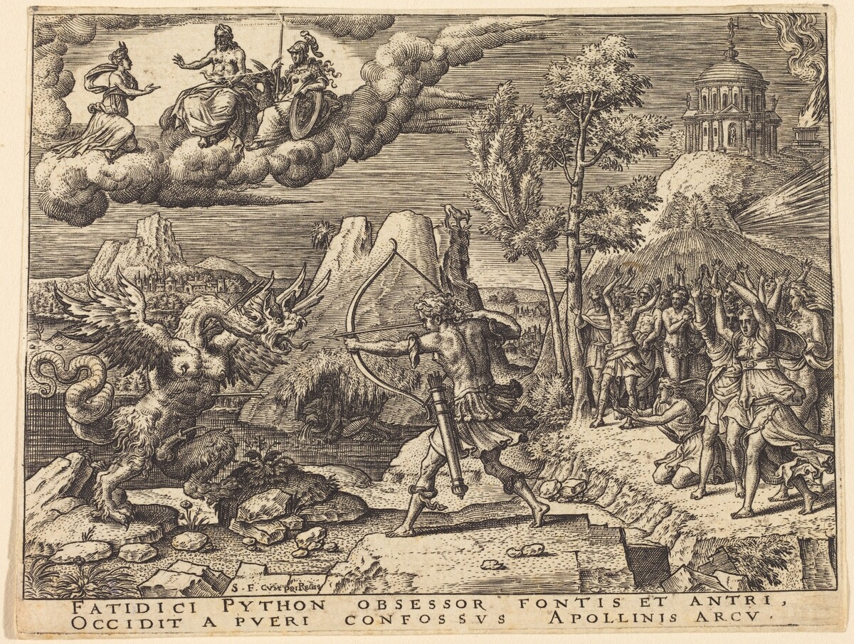 This is a painting of a battle scene. The image depicts a confrontation between a winged serpent-like creature and an archer at the center. Surrounding them are onlookers with various emotional reactions. In the sky above, three figures are seated on clouds. The background includes architectural structures and natural elements.