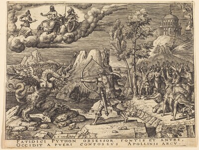 This is a painting of a battle scene. The image depicts a confrontation between a winged serpent-like creature and an archer at the center. Surrounding them are onlookers with various emotional reactions. In the sky above, three figures are seated on clouds. The background includes architectural structures and natural elements.
