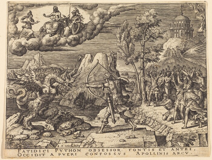This is a painting of a battle scene. The image depicts a confrontation between a winged serpent-like creature and an archer at the center. Surrounding them are onlookers with various emotional reactions. In the sky above, three figures are seated on clouds. The background includes architectural structures and natural elements.