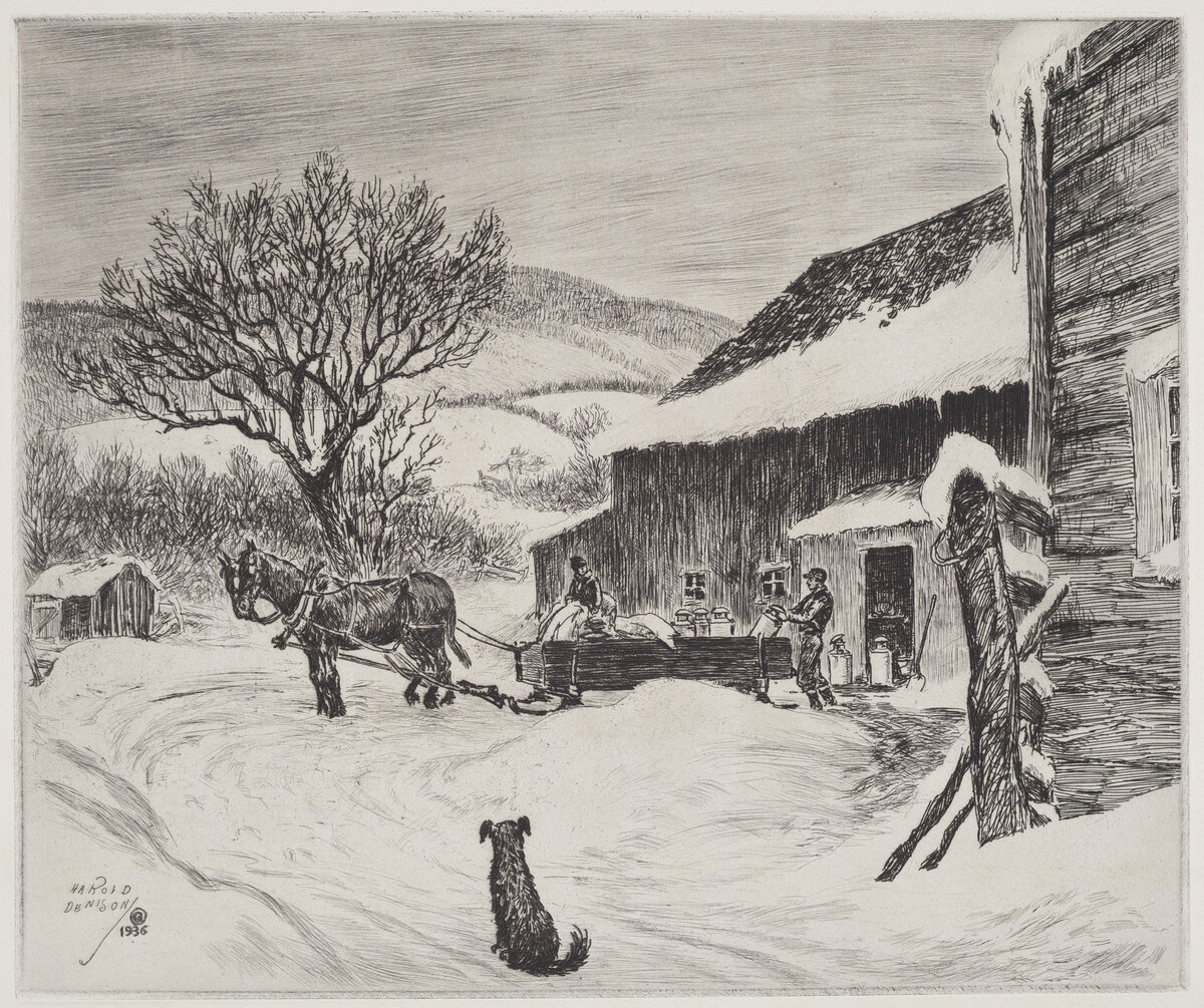 The black and white etching depicts a winter scene from a slightly elevated perspective. The horizon is high, showing rolling hills, trees, and a large barren tree on the left. The detailed and linear brushstrokes create textures in the snow, sky, and structures. The scene includes a dog, a horse-drawn sleigh, two figures, and a snow-covered building with icicles. The monochromatic color palette emphasizes the snowy landscape and architecture through light and shadow.