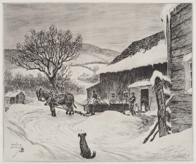 The black and white etching depicts a winter scene from a slightly elevated perspective. The horizon is high, showing rolling hills, trees, and a large barren tree on the left. The detailed and linear brushstrokes create textures in the snow, sky, and structures. The scene includes a dog, a horse-drawn sleigh, two figures, and a snow-covered building with icicles. The monochromatic color palette emphasizes the snowy landscape and architecture through light and shadow.