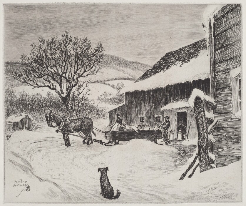 The black and white etching depicts a winter scene from a slightly elevated perspective. The horizon is high, showing rolling hills, trees, and a large barren tree on the left. The detailed and linear brushstrokes create textures in the snow, sky, and structures. The scene includes a dog, a horse-drawn sleigh, two figures, and a snow-covered building with icicles. The monochromatic color palette emphasizes the snowy landscape and architecture through light and shadow.