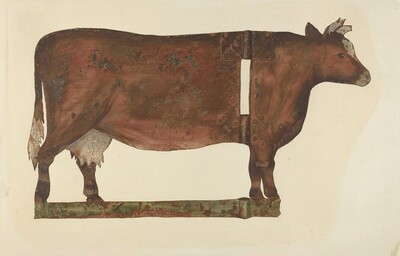 The image features a large weathervane in the shape of a cow, with a reddish-brown patina and patches of corrosion in shades of green and gray. The cow form is centered in the image, standing with its head facing to the right, and displays riveted sections. Below the cow is a rectangular greenish bar suggesting a base or support. The color palette includes earthy tones such as rusty browns, faded greens, and grays against a light beige background.