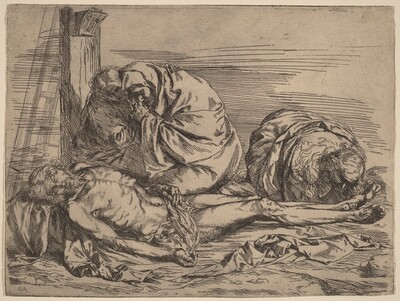 This is a drawing of three figures. In the center, one figure is reclining, supported by two robed figures who appear to be mourning. The background is depicted with simple, fine lines, and the use of shading and line work adds depth to the scene.