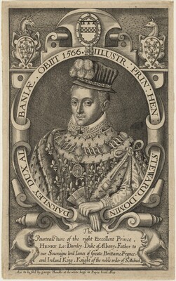 The image depicts a portrait of an individual from the waist up, seated in a dignified posture and looking directly at the viewer with a composed expression. The person has detailed facial features, including eyes, a nose, and lips, along with short, styled hair. They wear an elaborate hat with a feather, a richly decorated garment with patterns and embellishments, a fur collar, a chain necklace with a pendant, and hold a fan in their right hand. Their left hand is resting against the clothing. The individual is framed by circles with text and scrolls, with a textured background and heraldic symbols on the sides.