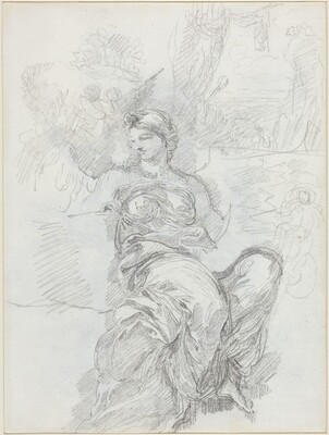 The drawing shows a full-body sketch of a person seated, with their upper body slightly turned to the side and their head tilted downward. The individual's facial features are delicately outlined, with an emphasis on closed eyes and a serene expression. The hair is styled in an updo, with a small decorative element or bow near the top. They are draped in flowing garments that fall smoothly over the contours of their body, while their right hand holds an object close to them, and their left hand rests on their lap. The background features faint sketch lines suggesting an outdoor setting, with trees and clouds. There are no visible jewelry or detailed objects held by the person.