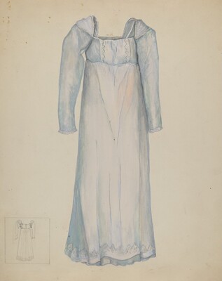 This is a drawing of a long-sleeved dress. The drawing features a light blue dress with long sleeves and a flowing, floor-length design. The gown has a high waistline with decorative details above the bustline and around the cuffs of the sleeves. The hem has a faint pattern. To the lower left of the drawing, there is a smaller sketch of the same dress. The drawing is detailed, capturing the gown's folds and the fabric's delicate nature.