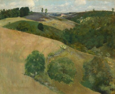 This painting depicts a landscape with rolling green hills viewed from an elevated perspective. Closest to us, the light green hills on the left are covered with yellowish grass. A dense forest of dark green trees is on the right at the bottom of the slopes. In the distance, towards the high horizon, the hills appear to flatten out, leading to a small white building with a red roof. The sky above is light blue with soft white clouds. The brushstrokes are soft.