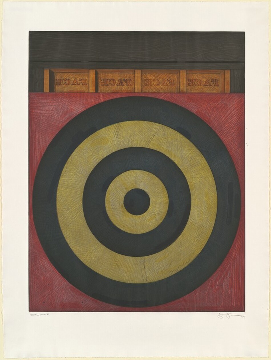 Concentric charcoal-gray and muted jasmine-yellow rings forming a target alternate against a raspberry-red background in this vertical etching. The innermost circle is gray and is followed by two yellow and two more charcoal rings. The rings and background covered with hatch marks. A row of four burnt-orange blocks, each with the word "FACE" printed backward and in darker orange, lines the target along the top edge. The trim around the blocks and across the top quarter of the etching is painted ash brown and then lined with a lighter tan to suggest wood grain. A slat across the top of the composition is separated from the words below by a thin black line and two brown sections that suggest hinges. The printed image is surrounded by a wide white margin. Pencil inscriptions under the printed image reads “Trial Proof” to the left and "J J '79" to the right.
